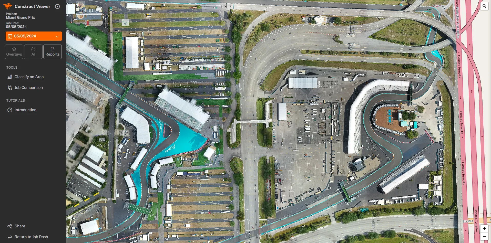 Construct Viewer showing a dated construction site with overlays, classify, and job comparison tools